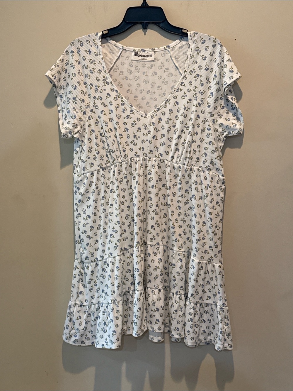 No Boundaries White Dress with Small Blue Floral Print